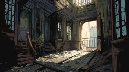 Wall Mural - creepy interior of an abandoned building background, concept art, digital illustration, haunted house, scary interior, Generative AI