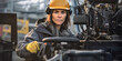 Woman working in a factory or plant, caucasian female with protective hard hat helmet and gloves, blurred heavy machinery around. Gender equality at workplace concept. Generative AI