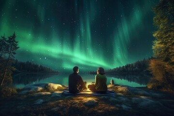 Poster - A couple picnics under northern light. Generative AI.