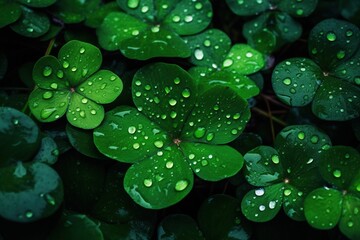 Wall Mural - A bunch of clover leafs surrounded by drops of rain water. Generative AI.