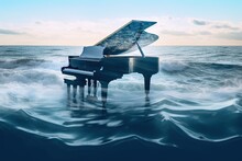Double Exposure Of A Grand Piano And An Ocean. Generative AI.