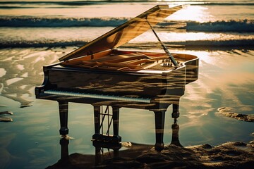 Sticker - Double exposure of a grand piano and an ocean. Generative AI.