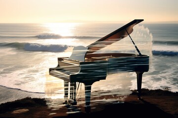 Poster - Double exposure of a grand piano and an ocean. Generative AI.