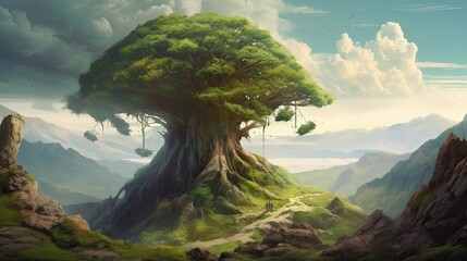 A Mystical Landscape of Earth and Energy: Digital Art Painting of a Giant Green Tree on a Mountain: Generative AI