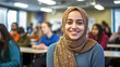 young adult arab multiethnic woman in a group study room or classroom, smiling joy