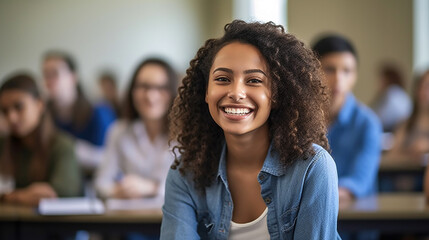 young adult multiracial multiethnic woman in a group study room or classroom, smiling joy