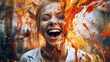 young woman or teenager with an abstract explosion of color, first own apartment or renovation of the children's room, emotional immense joy, radiantly happy and satisfied