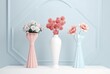 © vizual - three pink flower vases on a white pedestal, generative ai