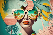 Retro Style Pastel Colors Summer Background. Fashion Woman Wearing Big Sunglasses. Generative AI