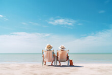 Old Man And Old Woman On Vacation, Back View, Sitting On Sun Lounger Chair Right On The Beach By The Sea By The Water, Empty Pristine White Sandy Beach With Shallow Water. Generative AI