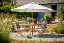 Garden Chairs, Garden Table And Parasol In The Garden, Cozy At Home In The Garden. Generative AI