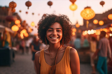 young adult woman strolling through a side street in asian country, fictional place. Generative AI