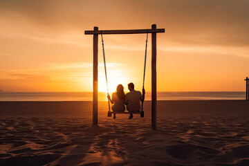 Silhouette of a couple on a hanging swing with beach view at sunset. Generative ai