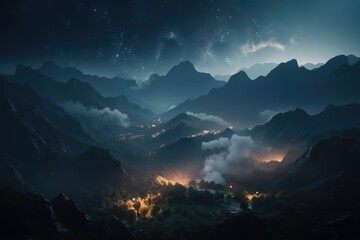 Wall Mural - mountain landscape at night with star in the sky. distinct generative ai image.