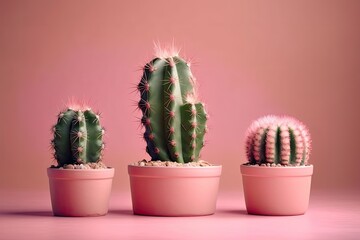 Sticker - Three little, adorable paper cacti on a pink background with empty space. Generative AI