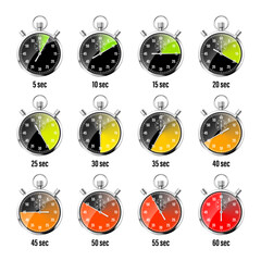 Realistic classic stopwatch. Shiny metal chronometer, time counter with dial. Colorful countdown timer showing minutes and seconds. Time measurement for sport, start and finish. Vector illustration