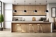 © Lasvu - The wooden kitchen cabinet doors are blank canvases. A breakfast bar, two stools, two pendant lamps, and a parquet floor are all features of a contemporary decor. a mockup a notion for a Generative AI