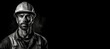 © JoelMasson - Black and white photorealistic studio portrait of a construction worker with hard hat on black background. Generative AI illustration