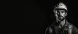 © JoelMasson - Black and white photorealistic studio portrait of a construction worker with hard hat on black background. Generative AI illustration