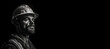 © JoelMasson - Black and white photorealistic studio portrait of a construction worker with hard hat on black background. Generative AI illustration