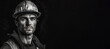 © JoelMasson - Black and white photorealistic studio portrait of a construction worker with hard hat on black background. Generative AI illustration