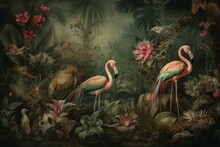 Vintage Jungle Wallpaper With Flamingos, Tropical Birds, And Peacock Drawing. Generative AI
