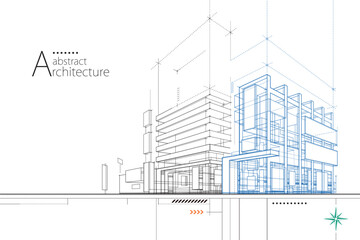 Aufkleber - 3D illustration abstract modern urban building out-line drawing of imagination architecture building construction perspective design. 