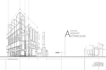Aufkleber - 3D illustration abstract modern urban building out-line black and white drawing of imagination architecture building construction perspective design. 