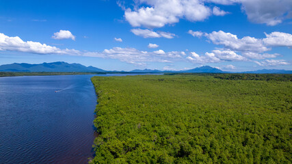 Aerial view of the city of Cananéia. Mangrove and sea at Ilha do Cardoso state park