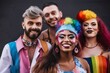 © 10kDesignsOnline - Young multi racial gay people in LGBTQ costume, waist up view isolated on black background studio portrait, Ai Generated