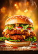 Close up on double crispy chicken burger with vegetables