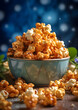 Close up golden caramel popcorn in bowl