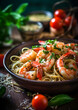 Spaghetti with shrimps close-up on a bowl