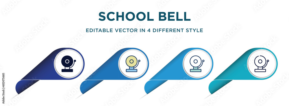 school bell icon in 4 different styles such as filled, color, glyph ...