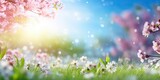 Fototapeta Na sufit - Abstract sunny spring background with blooming flowers and trees. Summer meadow field with grass and bokeh wallpaper landscape.