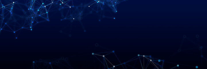 Texture chaotic communication network. Pattern connecting lines, dots, glow stars. Neon blue background frame. Banner presentations, social networks.