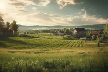 Illustration Of A Sunny Green Countryside View In A Village With Fields. Generative AI