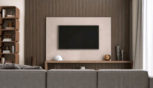 Luxury Beige Wall Living Room, Modern Flat Television On Brown Wood Panel Wall, Gray Leather Sofa, Mid Century Style Shelf In Sunlight From Window White Sheer Curtain For Interior Design Background 3D