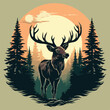 vintage big deer in pine forest night moon logo vector illustration