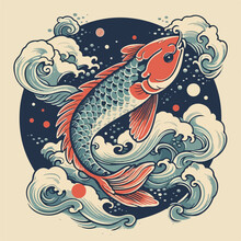 Vintage Japan Koi Fish Water Element Traditional Japanese  Ornament Logo Vector Illustration