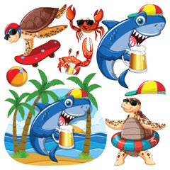 Wall Mural - set of sea creatures cartoon character in summer