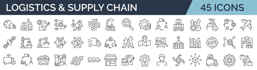 set of 45 line icons related to supply chain, value chain, logistic, delivery, manufacturing, commer