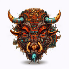 Wall Mural - Image of bison cow mask cyberpunk with colorful patterns on white background. Wildlife Animals. Illustration. Generative AI.