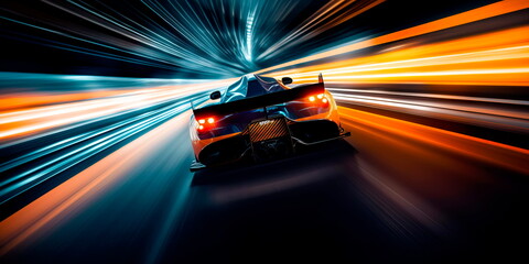 race car speeding around a track with long exposure trails of light and dynamic movement Generative AI