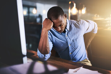 Fototapete - Black man with back pain, night at office and stress with injury, health problem and burnout from overtime. Male business person work late, backache and medical emergency, bad posture and overworked