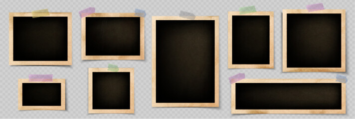 Wall Mural - realistic set of old photos attached to album page with sticky tape. vector illustration of blank pa