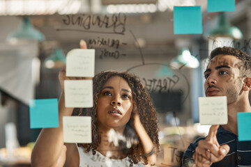 Leinwandbilder - Brainstorming, teamwork and planning with business people in meeting for designer, branding and workshop. Idea, creative and presentation with employees for solution, schedule and glass board