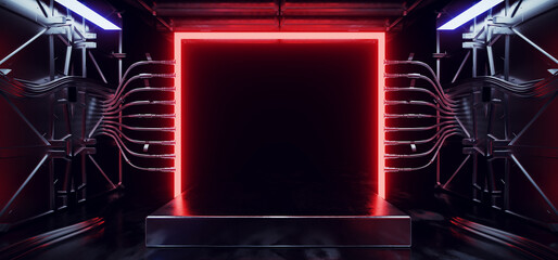 Sci Fi Futuristic Alien Spaceship Room Stage Neon Glowing Red Frame Rectangle With Connected Cables And Devices Empty Space Showcase Garage 3D Rendering