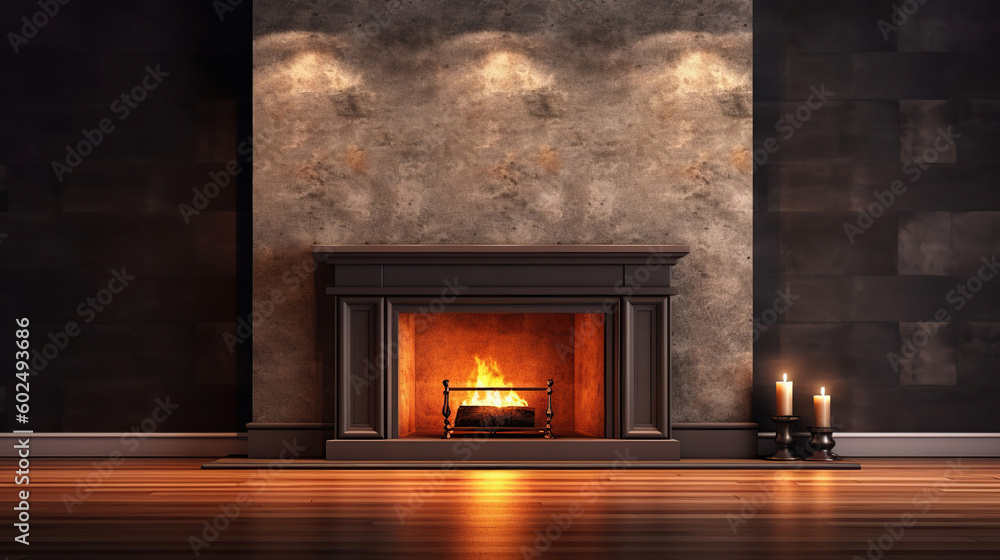 Large traditional fireplace with roaring fire. Empty mantle piece ...