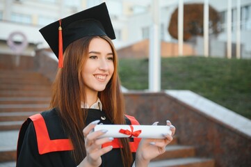 Wall Mural - Happy cute brunette caucasian grad girl is smiling. She is in a black mortar board, with red tassel, in gown, with nice brown curly hair, diploma in hand.